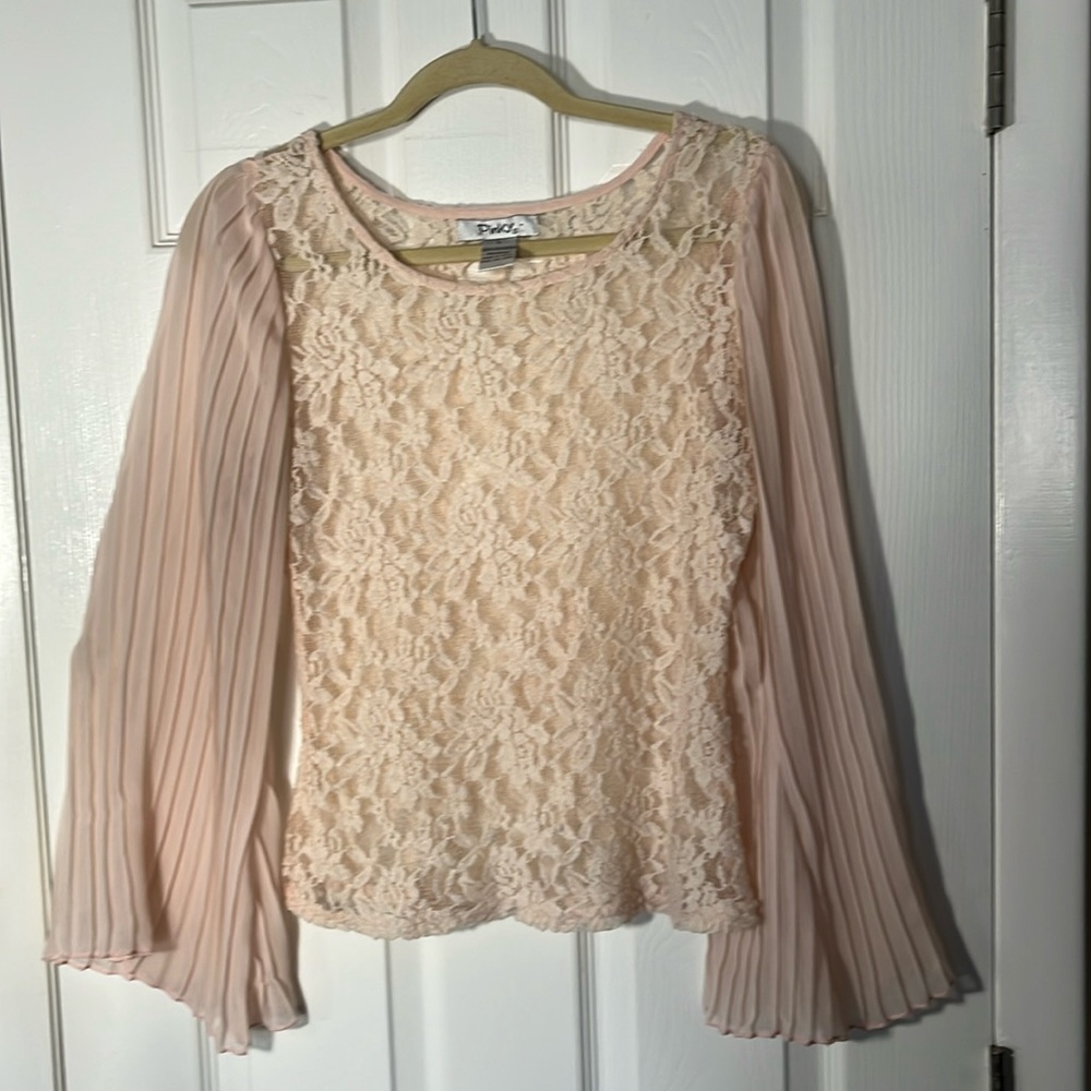Pinky feminine sheer floral lace chiffon pleated bishop sleeve pullover pink L - Picture 1 of 14